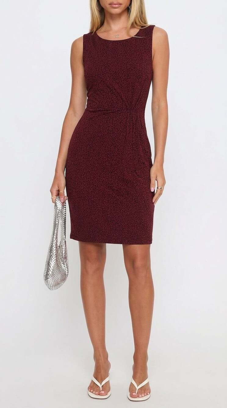 LOFT Petite Red & Black Leopard Print Sleeveless Gathered Sheath Dress